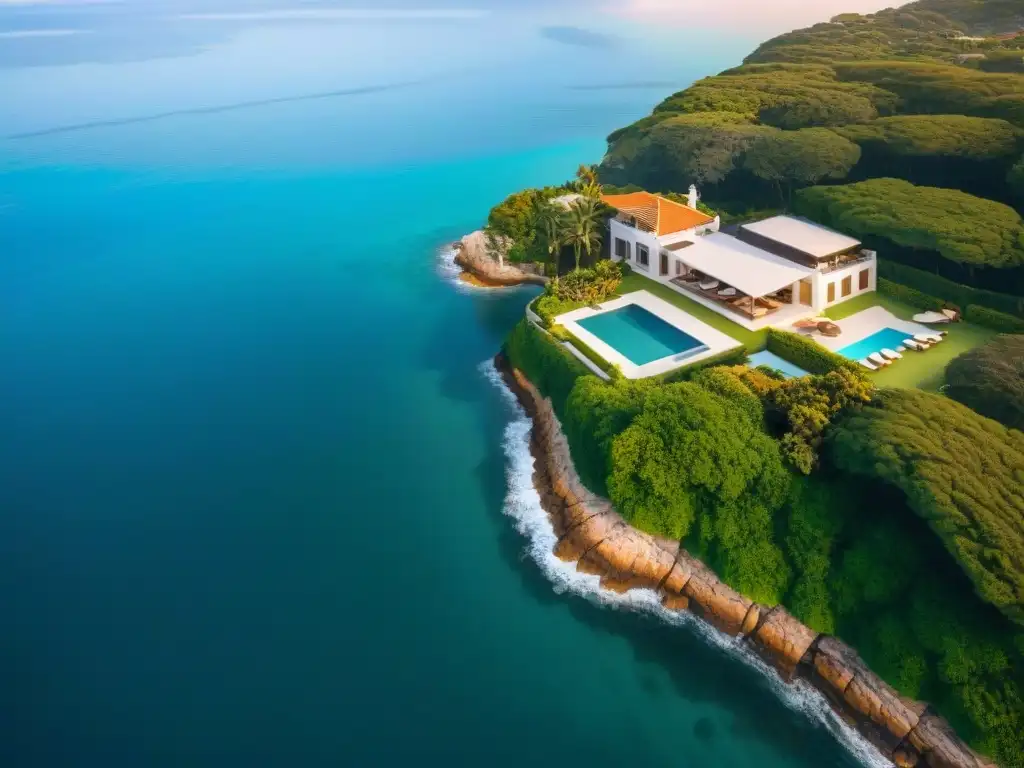 Propiedad costera de lujo con helipuerto privado y vistas al mar Atardecer dorado en lujosa propiedad costera con helipuerto privado, piscina infinita, cancha de tenis y yate en muelle privado, destacando las amenidades propiedades costeras lujo