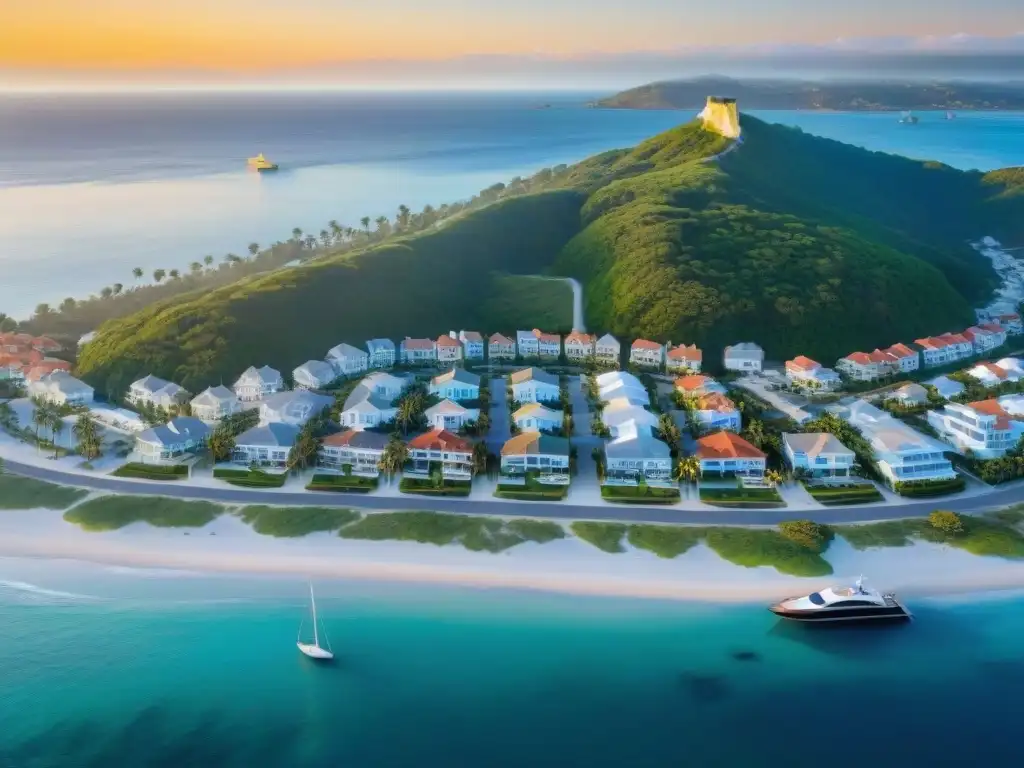 Exclusivo atardecer en lujoso pueblo costero Atardecer dorado en un lujoso pueblo costero con propiedades modernas y vistas al mar, ideal para inversión inmobiliaria