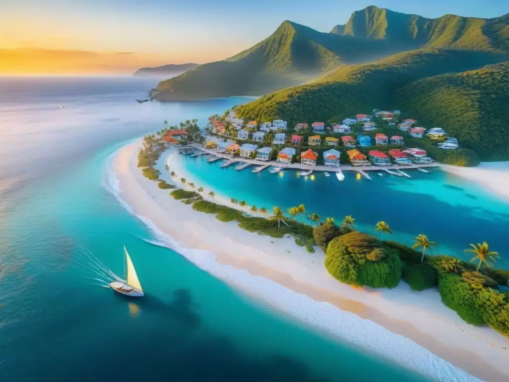 Paraíso costero: atardecer dorado en un vibrante pueblo junto al mar Un atardecer dorado sobre un pintoresco pueblo costero, con propiedades coloridas y veleros en el mar