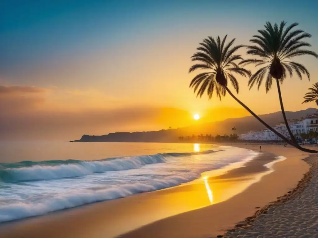 Puesta de sol dorada en la Costa del Sol Atardecer dorado sobre playa en Costa del Sol, palmeras en silueta, brisa marina
