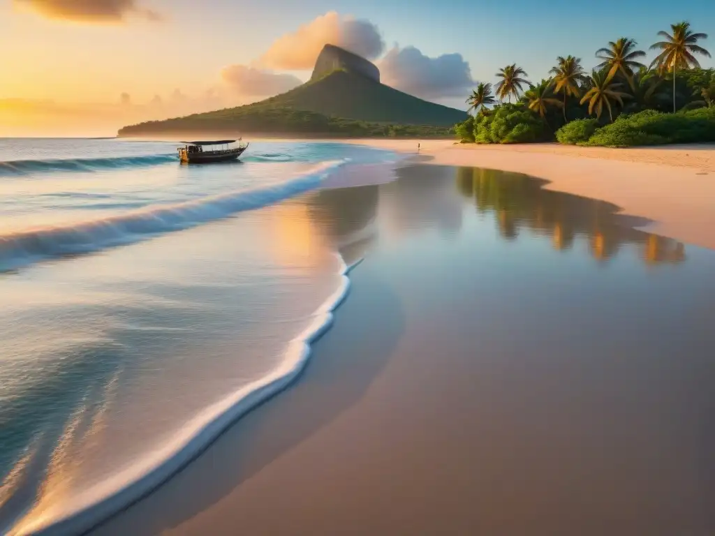Playa dorada en Mozambique: paraíso exclusivo al atardecer Atardecer dorado en playa de Mozambique