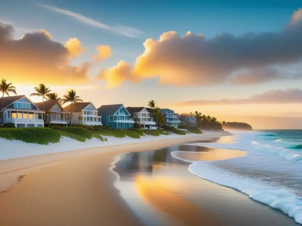 Espectacular atardecer en playa exclusiva: inversiones costeras de lujo Atardecer dorado sobre playa, propiedades costeras vida junto mar, escena serena y lujosa