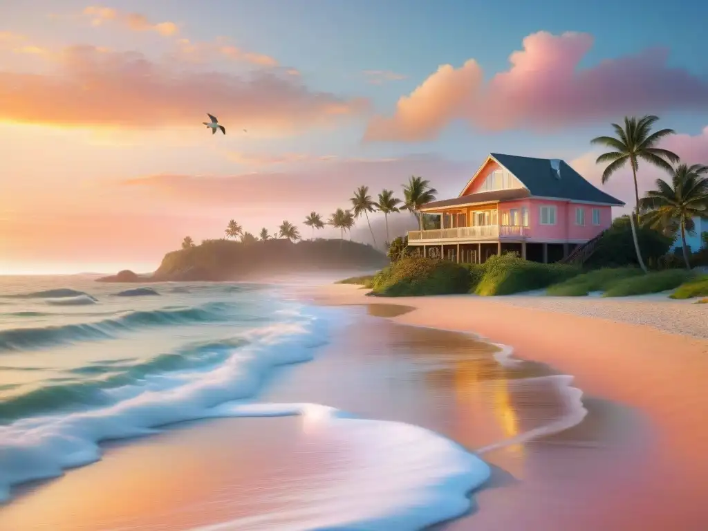 Atardecer dorado en la playa: retiro soñado Un atardecer dorado en una playa tranquila con una casa frente al mar, ideal para un retiro dorado casa playa ingresos