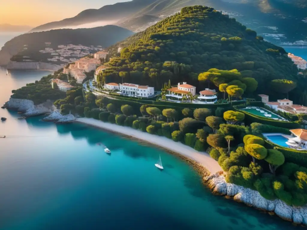Puesta de sol en la Riviera Francesa: lujo y exclusividad Atardecer dorado en propiedades costeras de lujo Riviera, yates, palmeras y villas opulentas