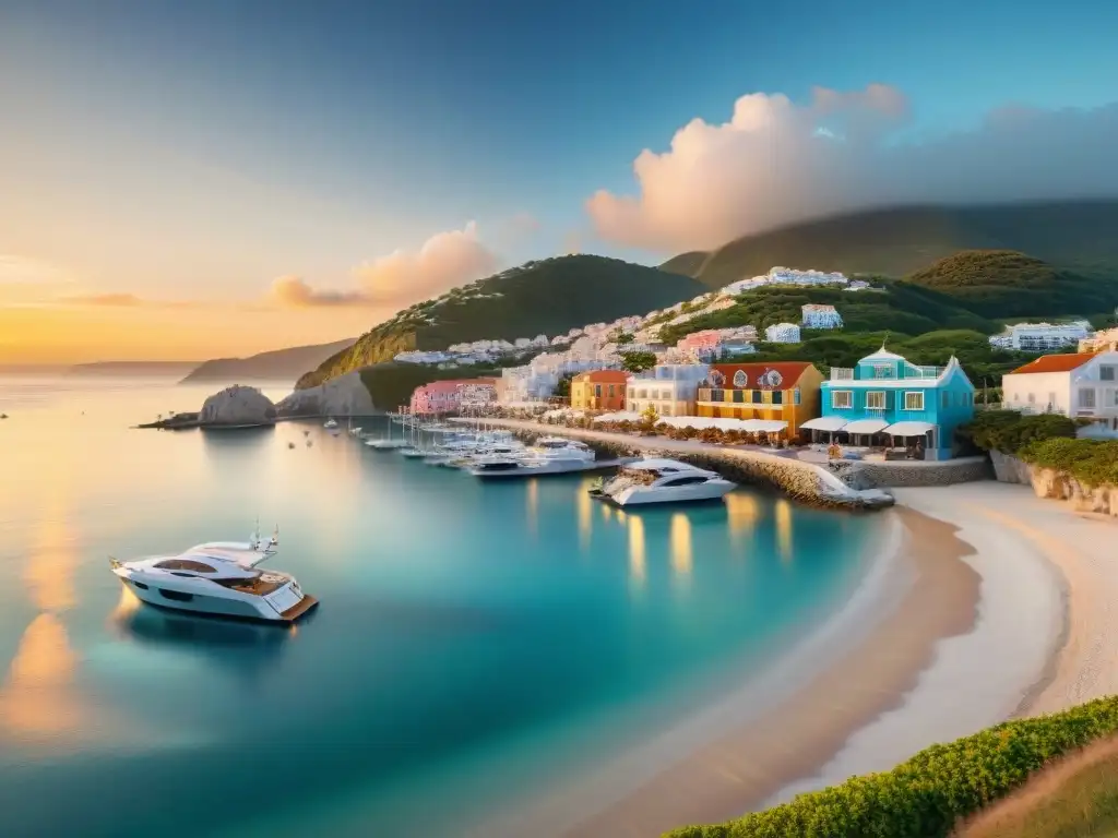 Panorama costero: belleza y oportunidades de inversión Atardecer dorado en un pueblo costero vibrante con marina y edificios modernos y casas coloridas