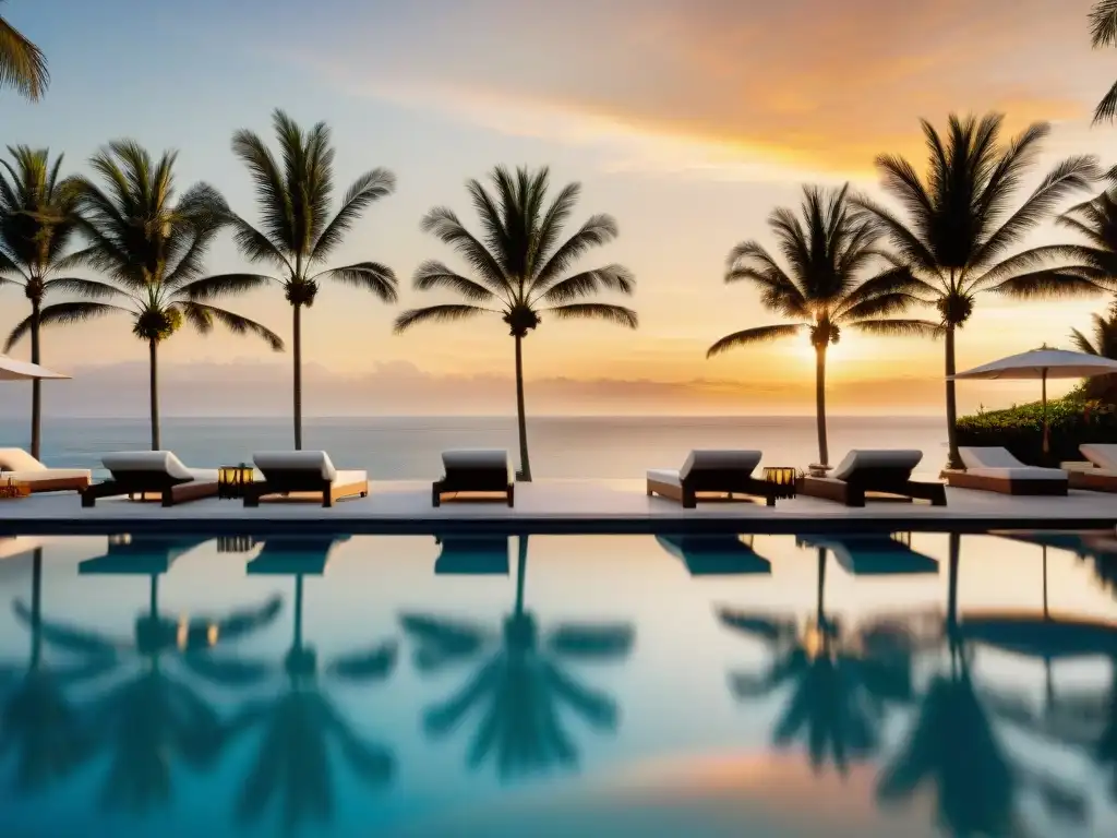 Puesta de sol en piscina de hotel boutique de lujo en la costa Atardecer exclusivo en el mejor hotel boutique de la costa