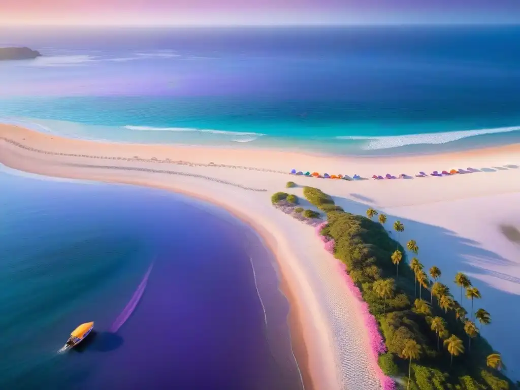 Costa paradisíaca al atardecer: aguas cristalinas, palmeras y sombrillas coloridas Un atardecer impresionante en la costa, con aguas cristalinas, palmeras y sombrillas coloridas
