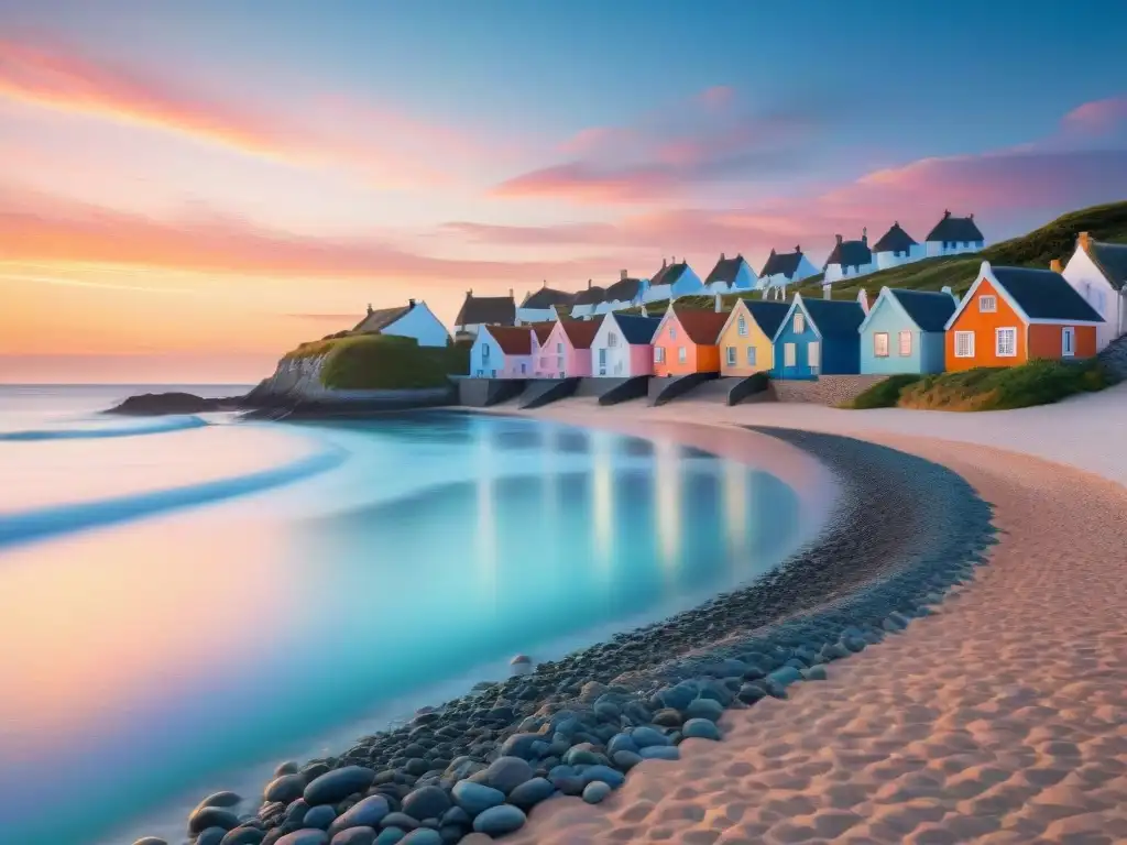 Atardecer mágico en aldea costera: cabañas, playa y gaviotas Un atardecer impresionante sobre un pueblo costero tranquilo con propiedades costeras de ensueño