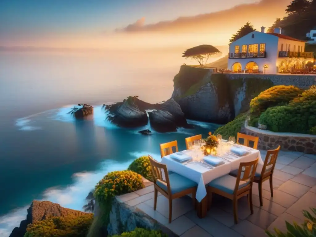 Atardecer dorado en restaurante costero: cena romántica junto al mar Un atardecer impresionante ilumina un restaurante costero, creando un ambiente romántico