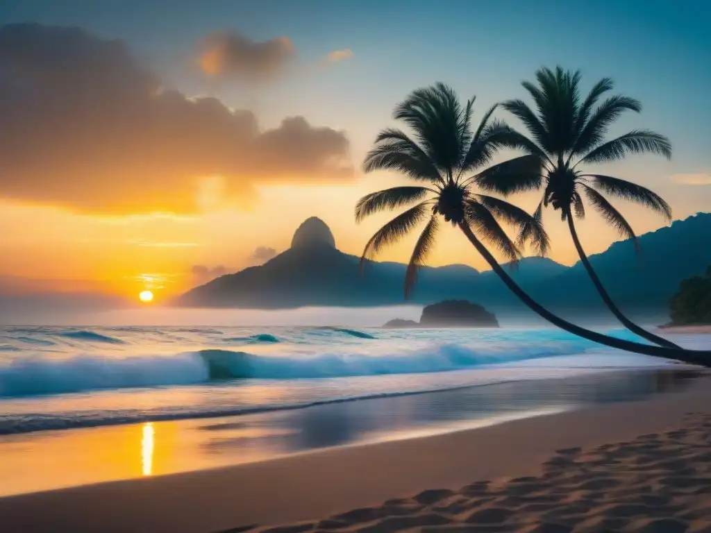 Puesta de sol dorada sobre el océano Un atardecer impresionante sobre el tranquilo océano, con tonos dorados en el agua y siluetas de palmeras al frente, creando una vista serena y pintoresca que evoca paz y relajación en el diseño vistas al mar residencial