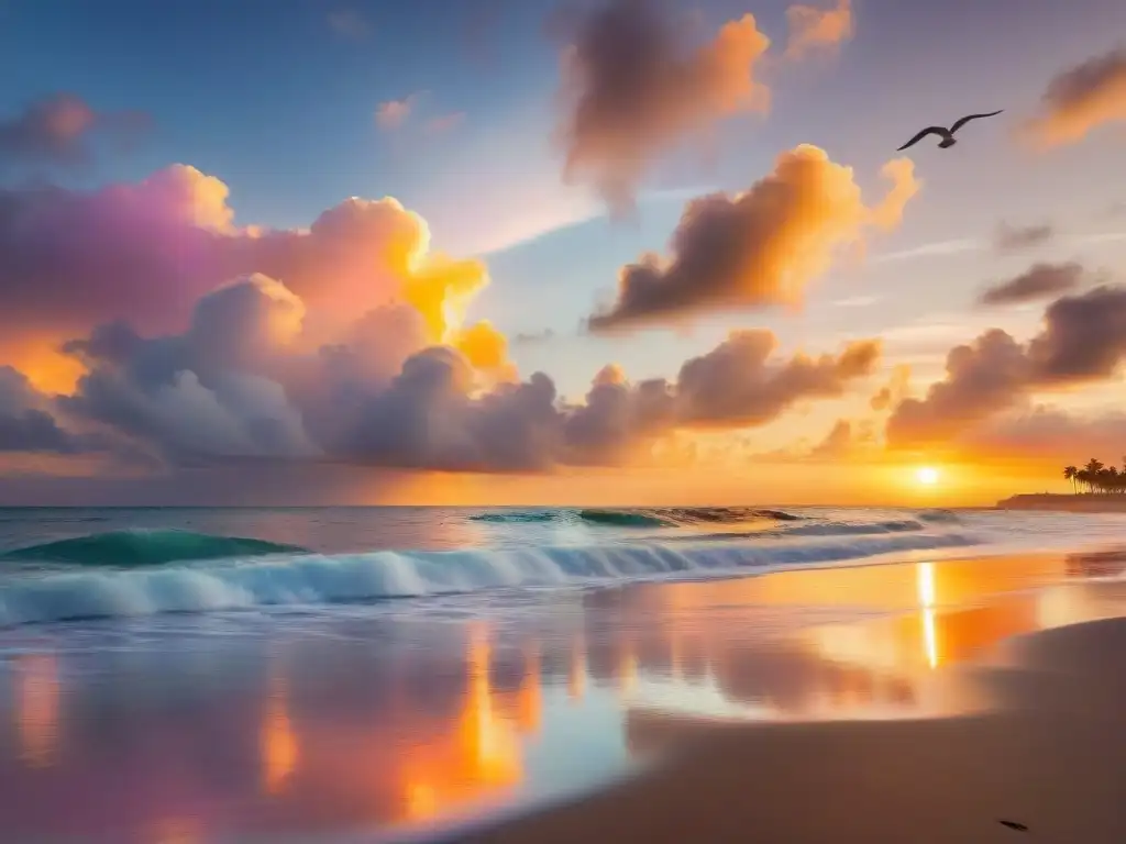 Atardecer dorado en la playa: serenidad y belleza costera Un atardecer impresionante sobre el océano tranquilo, bañando la playa en un cálido resplandor dorado