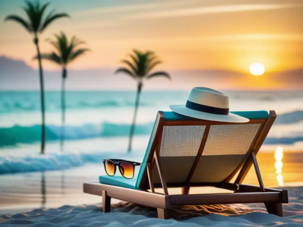 Atardecer de lujo en la playa: moda costera con elegancia Atardecer lujoso en la playa con sombrero y gafas de sol: Protección solar con estilo playero