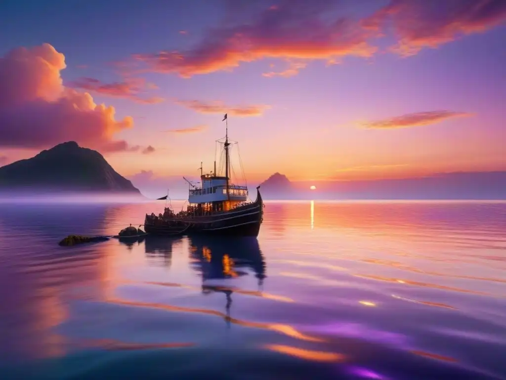 Espectáculo mágico: criatura marina emerge al atardecer Un atardecer mágico en la costa con criaturas marinas de la mitología emergiendo, rodeadas de bioluminiscencia