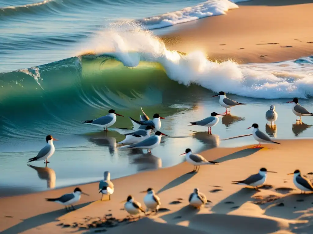 Esplendor costero: Aves al atardecer Un atardecer mágico en la costa, donde elegantes aves costeras buscan alimento entre la vegetación, destacando la protección aves costeras ecosistemas