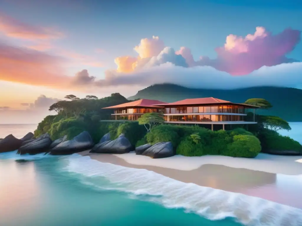 Puesta de sol en EcoResort: lujo sostenible en armonía con la naturaleza Un atardecer mágico en EcoResort costero sostenible, fusionando arquitectura con naturaleza