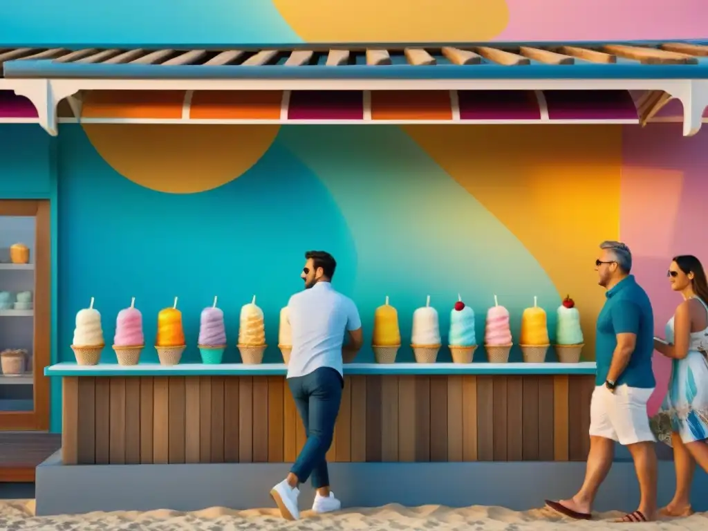 Gelaterías costeras: sabores exóticos al atardecer Un atardecer mágico en heladerías costeras con sabores únicos, donde la gente disfruta conos de gelato en la playa