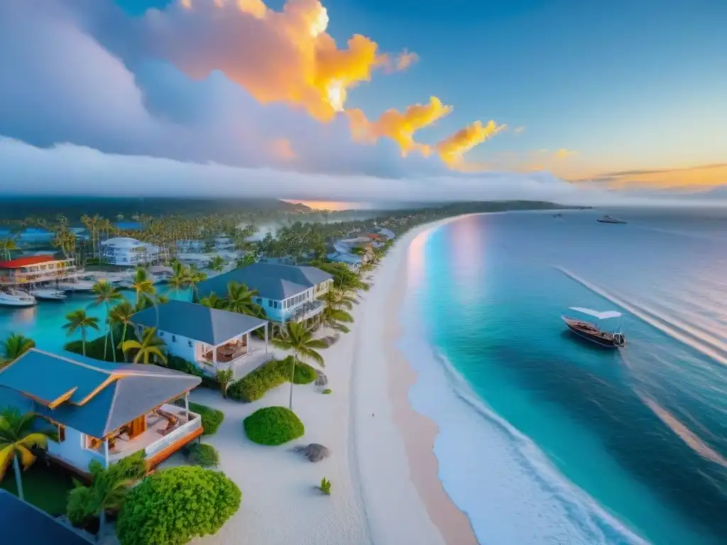 Paisaje costero al atardecer: serenidad y belleza Un atardecer mágico en un pueblo costero, reflejos en el mar, barcos y palmeras