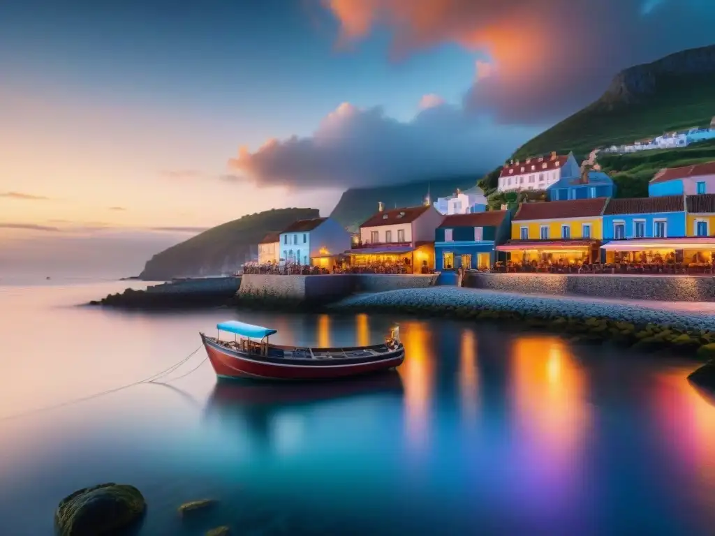 Atardecer en pueblo costero: bares junto al mar con cócteles y vino local Atardecer en un pintoresco pueblo costero con bares tradicionales y bebidas costeras marítimas