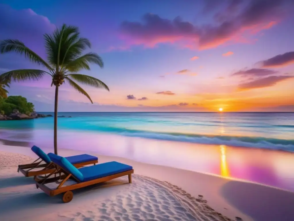 Paraíso tropical al atardecer: playa de aguas turquesas y palmeras Atardecer en playa paradisíaca, aguas turquesa, palmeras y turistas, promoviendo turismo sostenible en destinos conservados