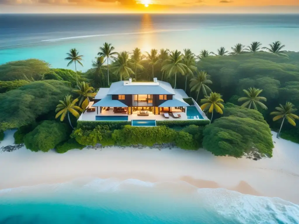 Villa de lujo al atardecer: viviendo la costa en pareja Atardecer en una propiedad costera con aguas turquesas y una villa de lujo, ideal para tours virtuales propiedades costeras