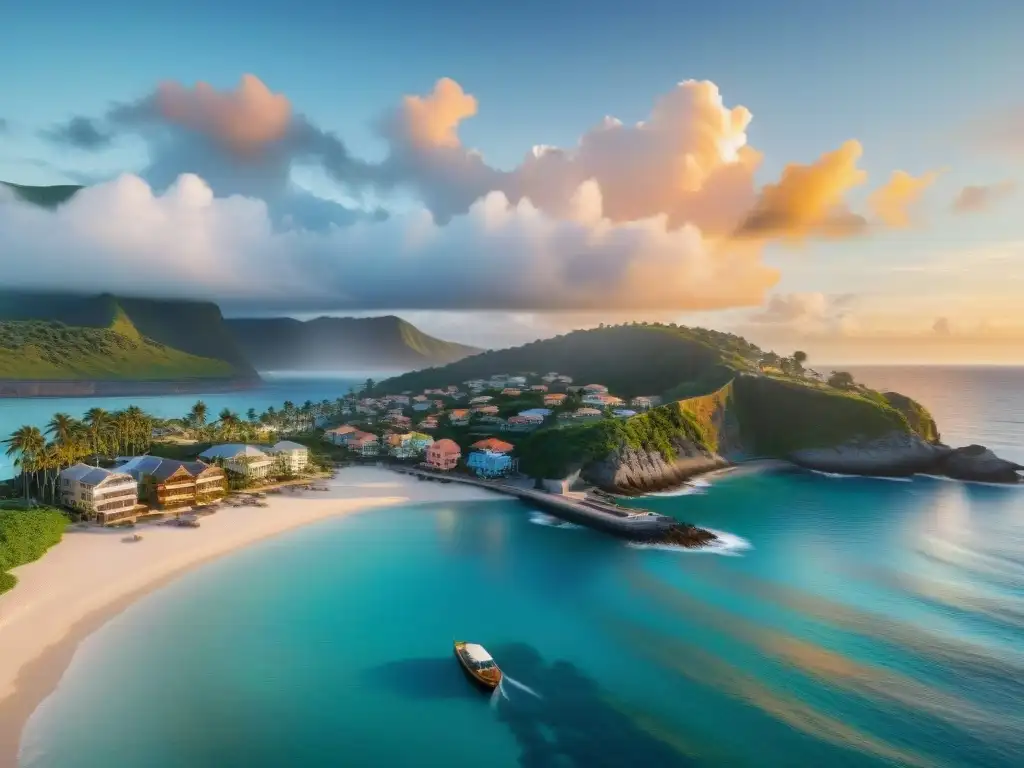 Tranquilidad costera al atardecer: paraíso seguro con seguro confiable Atardecer en un pueblo costero paradisíaco con casas de colores pastel, palmeras y mar en calma reflejando el cielo