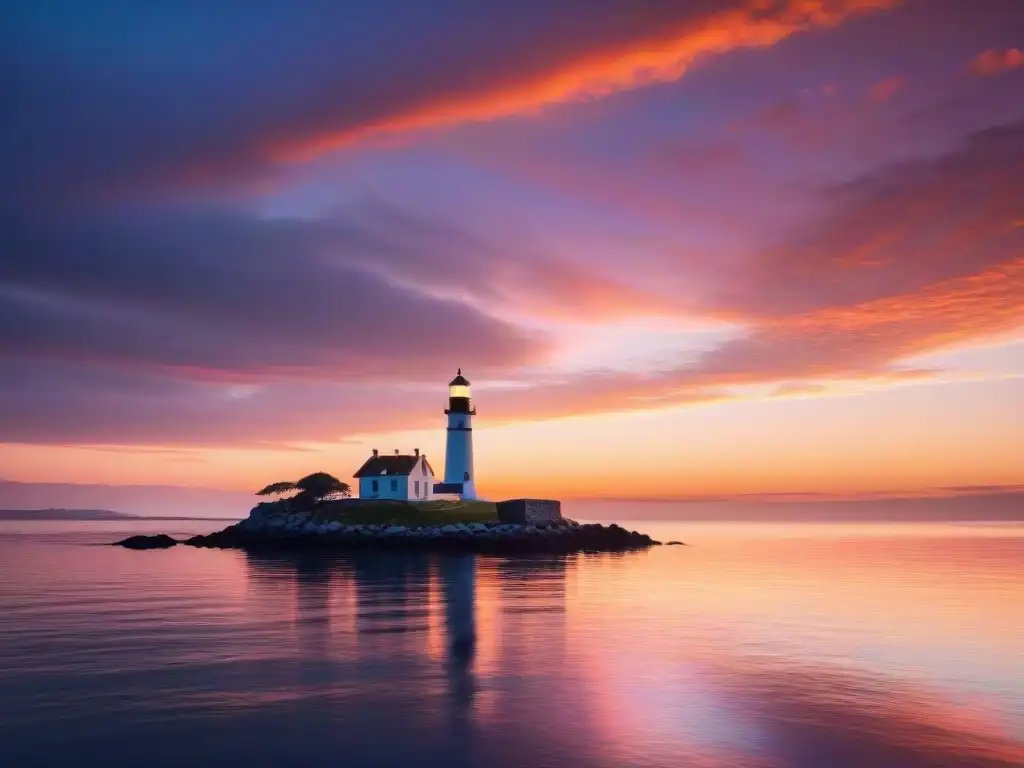 Paisaje costero al atardecer: cielo naranja y rosa, faro y barca en silueta Un atardecer sereno en la costa, reflejando un cielo naranja y rosa sobre aguas tranquilas, con un faro en la distancia y un bote en el mar