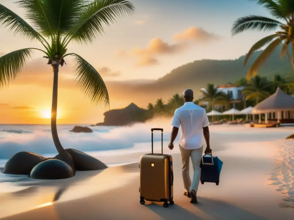 Exclusivo resort playero con concierge personalizado Un atardecer sereno en la costa con un concierge personalizado recibiendo a huéspedes en un lujoso resort frente al mar