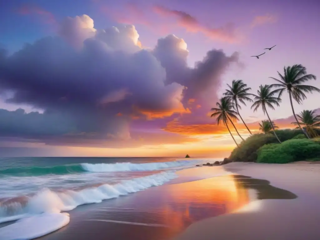 Tranquilidad dorada: atardecer en la costa Atardecer sereno en la costa con palmeras, olas suaves y gaviotas