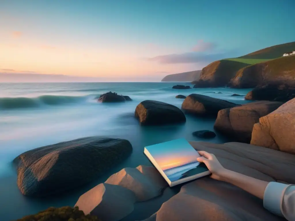 Paisaje costero al atardecer: inspiración artística y tranquilidad Un atardecer sereno en la costa, con tonos pastel en el cielo y olas suaves