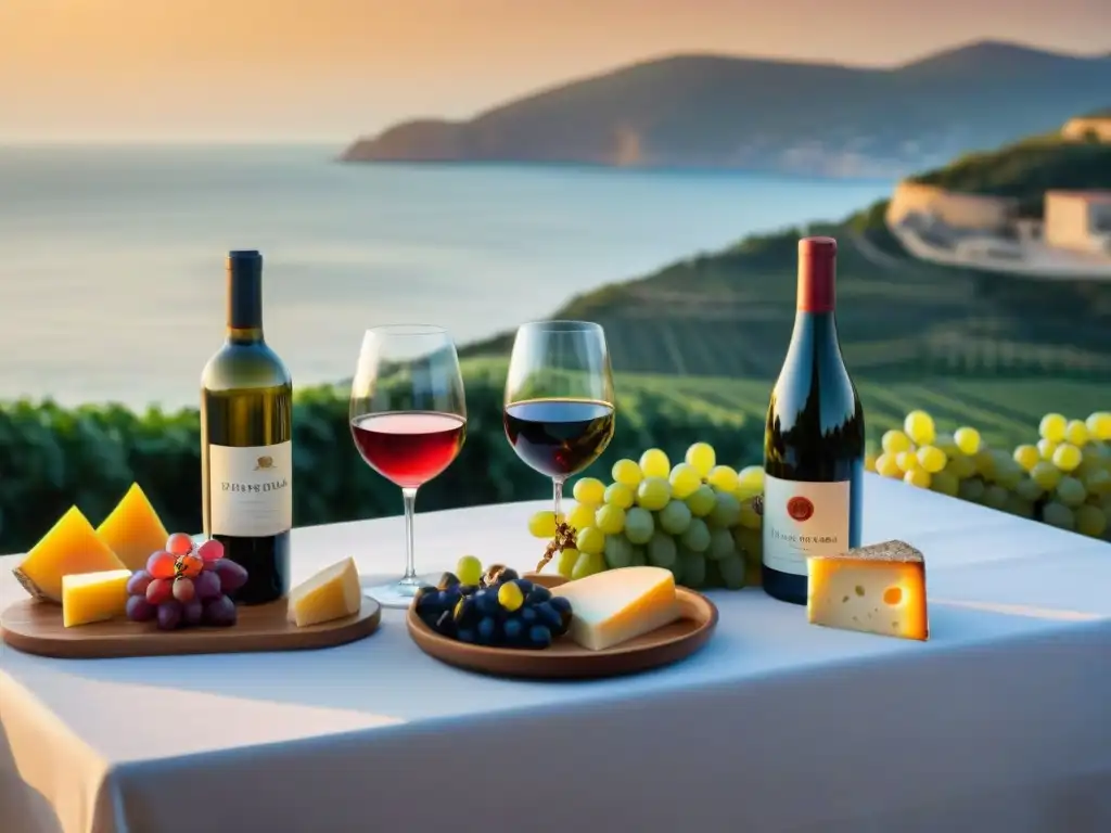 Atardecer sereno: cata de vinos junto al mar Un atardecer sereno sobre el mar, con una mesa elegante para un maridaje de vinos y vistas al mar