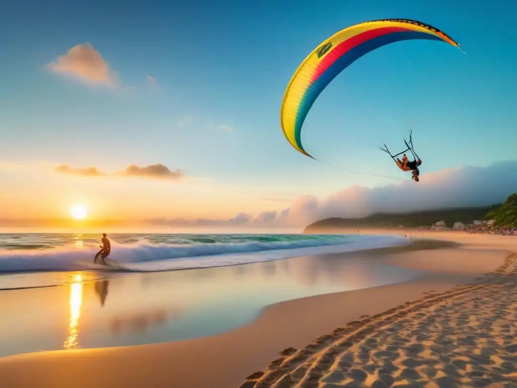 Vibrante diversión playera al atardecer Un atardecer sereno en la playa con gente disfrutando de diversas actividades recreativas