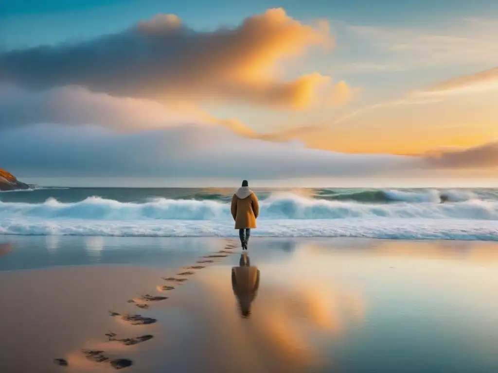 Tranquilidad invernal en la costa: atardecer sereno con figura solitaria Un atardecer sereno en la playa en invierno: olas suaves, gaviotas en el cielo, y una figura solitaria caminando