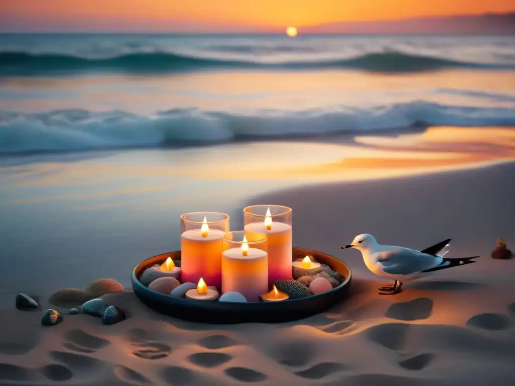 Escena marina de serenidad al atardecer con velas aromáticas Un atardecer sereno en la playa con velas aromáticas, gaviotas y olas suaves
