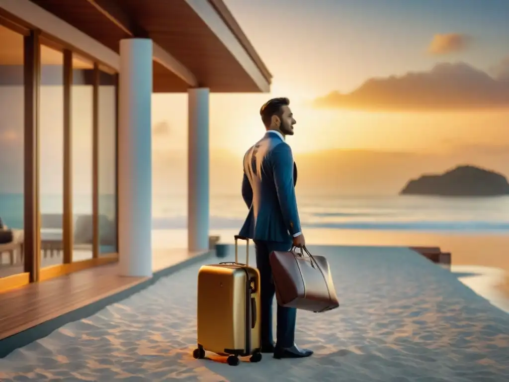 Atardecer de lujo: bienvenida exclusiva en propiedad costera Un atardecer sereno en una propiedad costera de lujo, con un servicio concierge cálido y profesional saludando a los huéspedes