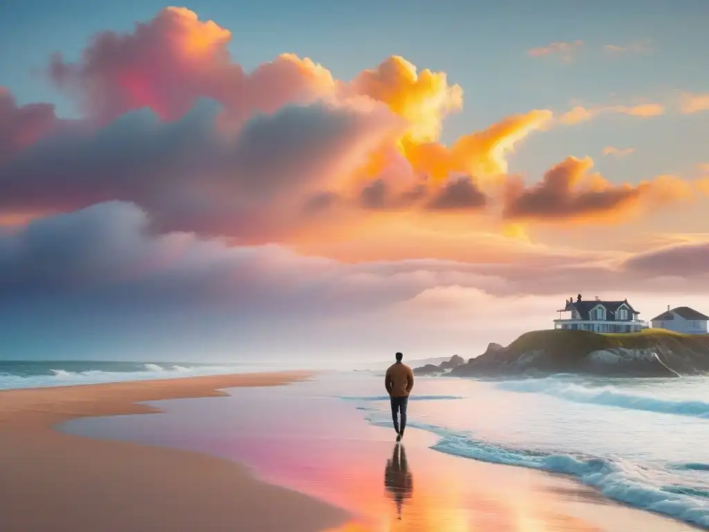 Tranquilidad costera: abogado reflexivo en atardecer vibrante Un atardecer tranquilo en la costa con propiedades iluminadas, reflejos en el mar y una figura pensativa