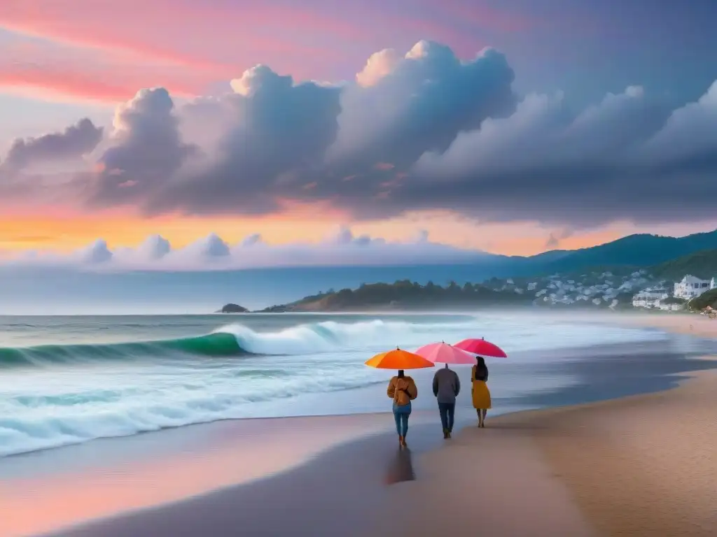 Atardecer sereno en pueblo costero: sombrillas, olas calmas y tranquilidad Un atardecer tranquilo en un pueblo costero, con sombrillas coloridas en la playa y un cielo pastel