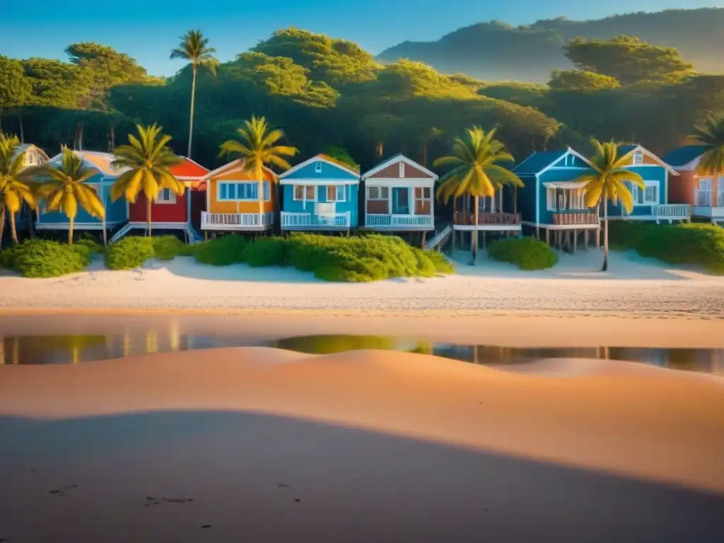 Pueblo costero sereno: casas coloridas, brisa marina y atardecer relajante Atardecer tranquilo en un pueblo costero, con casas coloridas y lugareños disfrutando la playa, brindando beneficios psicológicos vida costera