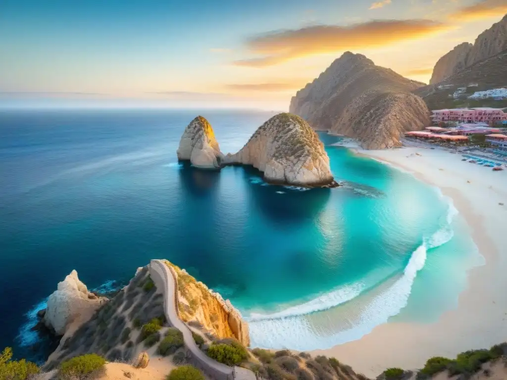 Espléndido atardecer en Cabo San Lucas: Arco y playas doradas Atardecer vibrante en Cabo San Lucas con el Arco y propiedades costeras, reflejando la serenidad de este paraíso playero