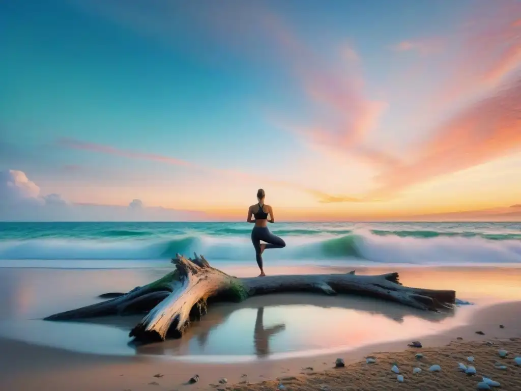 Tranquilo atardecer en la playa: yoga al atardecer Un atardecer vibrante en la costa con práctica de yoga en la playa
