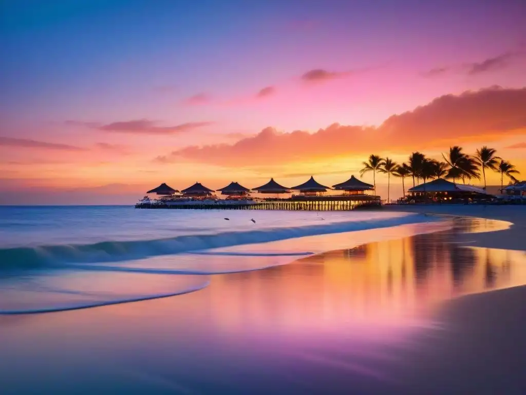 Atardecer mágico en la costa: sol, mar y palmeras Atardecer vibrante sobre costa tranquila con bares en la playa