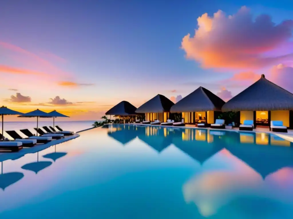 Piscina infinita de lujo al atardecer en Riviera Maya Atardecer vibrante en lujosa piscina infinita de hotel boutique en Riviera Maya