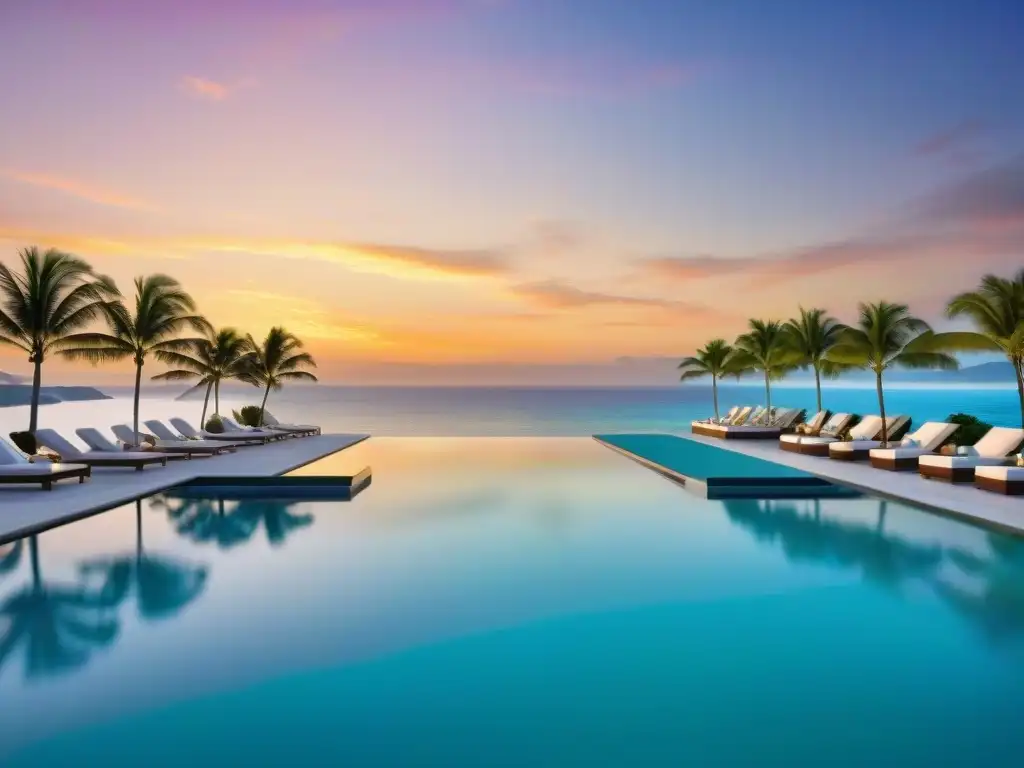 Atardecer de lujo en resort costero: exclusividad y servicio personalizado Un atardecer vibrante sobre un lujoso resort costero, con palmeras en silueta y una piscina infinita cristalina