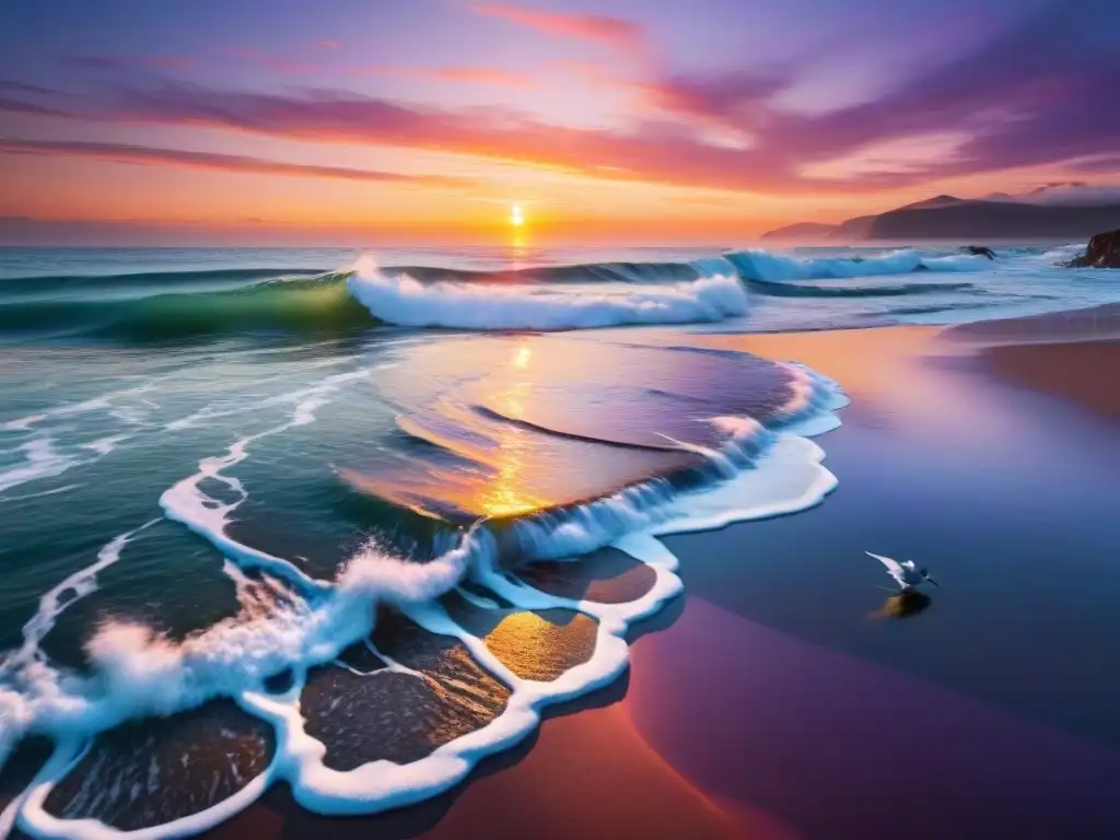 Espléndido atardecer sobre el mar: paisaje sereno y vibrante Un atardecer vibrante sobre el mar, reflejando colores intensos y seagulls en vuelo, capturando la vida marina dinámica en propiedades costeras