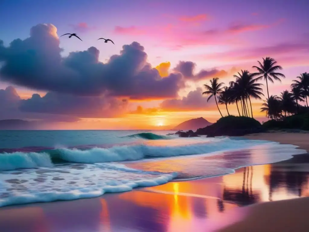 Atardecer vibrante sobre el mar: un paraíso costero Un atardecer vibrante sobre el mar, palmeras en la playa y gaviotas en vuelo