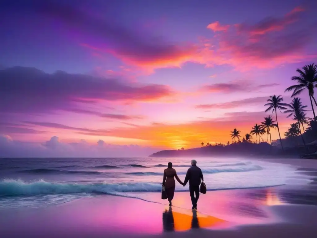 Puesta de sol vibrante en la costa: pareja en la playa Un atardecer vibrante sobre el mar, palmeras en silueta y una pareja caminando de la mano en la playa de arena