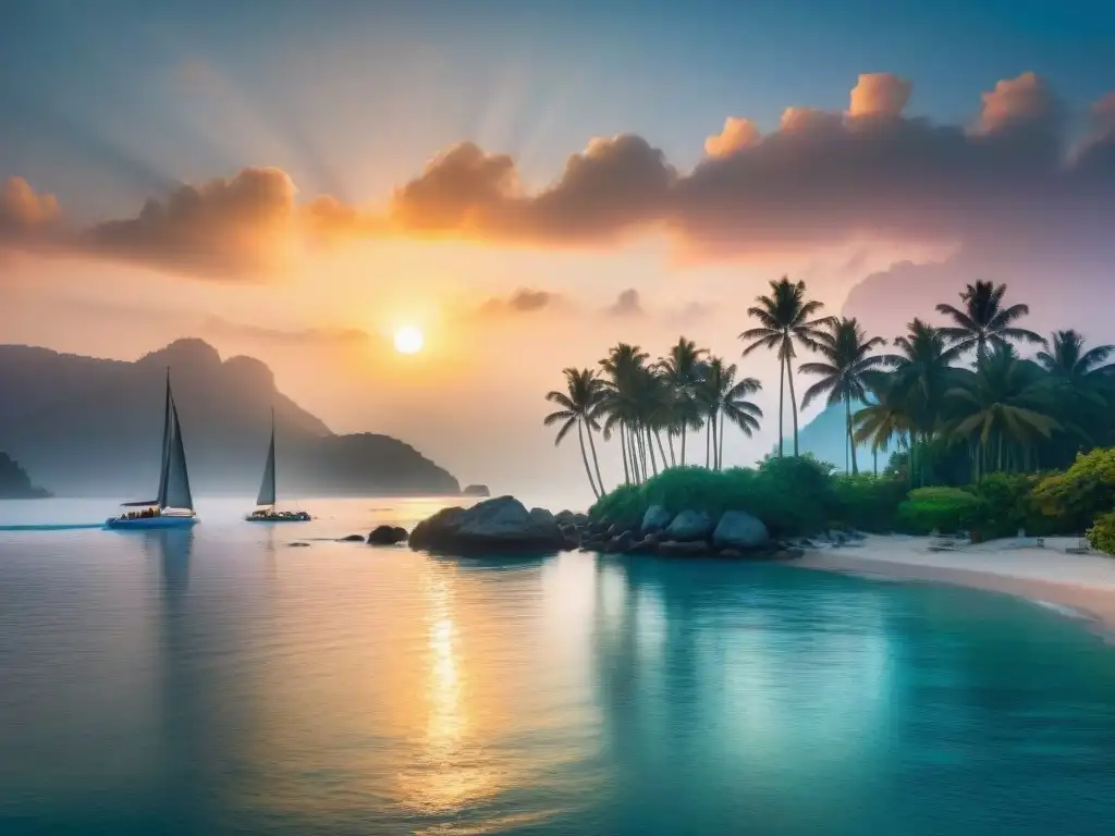 Puesta de sol vibrante en el mar: panorámica 8k detallada Un atardecer vibrante sobre el océano, reflejando en aguas tranquilas, rodeado de palmeras y veleros lejanos