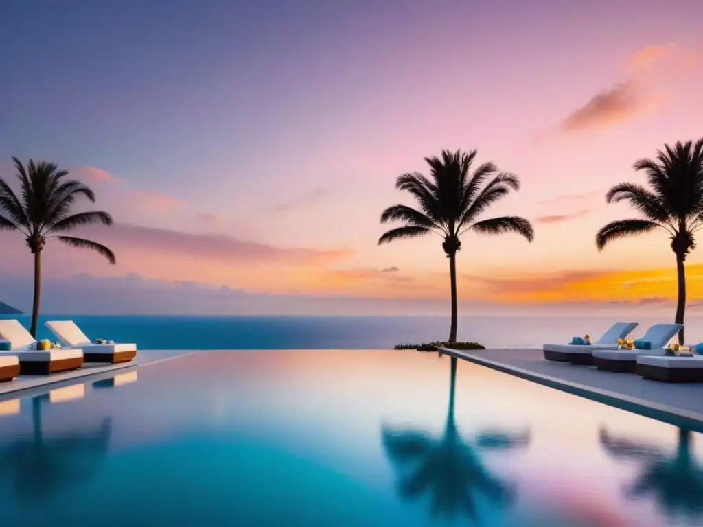 Exclusivo atardecer en piscina infinita de resort 5 estrellas Atardecer vibrante sobre una piscina infinita en resort costero de lujo exclusivo