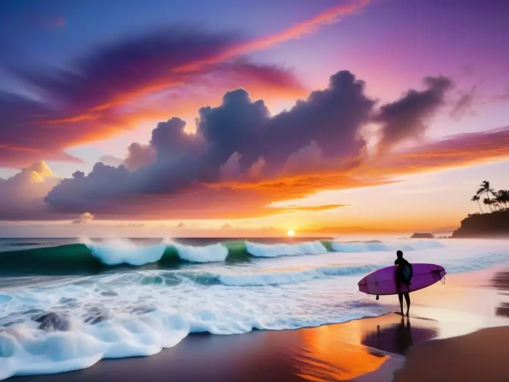 Atardecer vibrante: surfistas en acción Un atardecer vibrante sobre una playa impecable, surfistas en silueta capturando olas perfectas