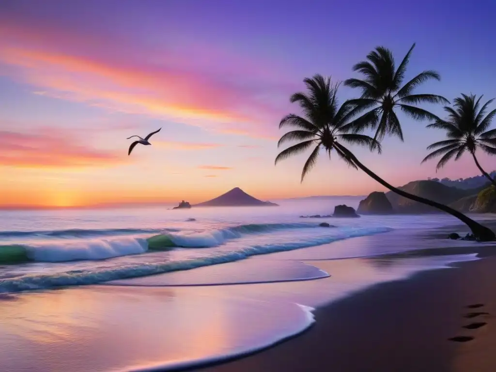Atardecer vibrante en playa tropical del Pacífico Un atardecer vibrante sobre el océano Pacífico, con playa privada y palmeras