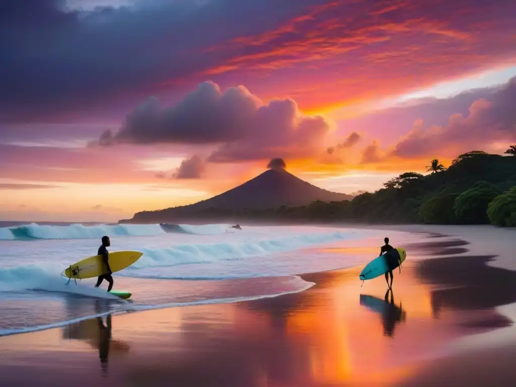 Puesta de sol épica en Playa Tamarindo, Costa Rica Un atardecer vibrante en Playa Tamarindo, Costa Rica, donde surfistas disfrutan las últimas olas